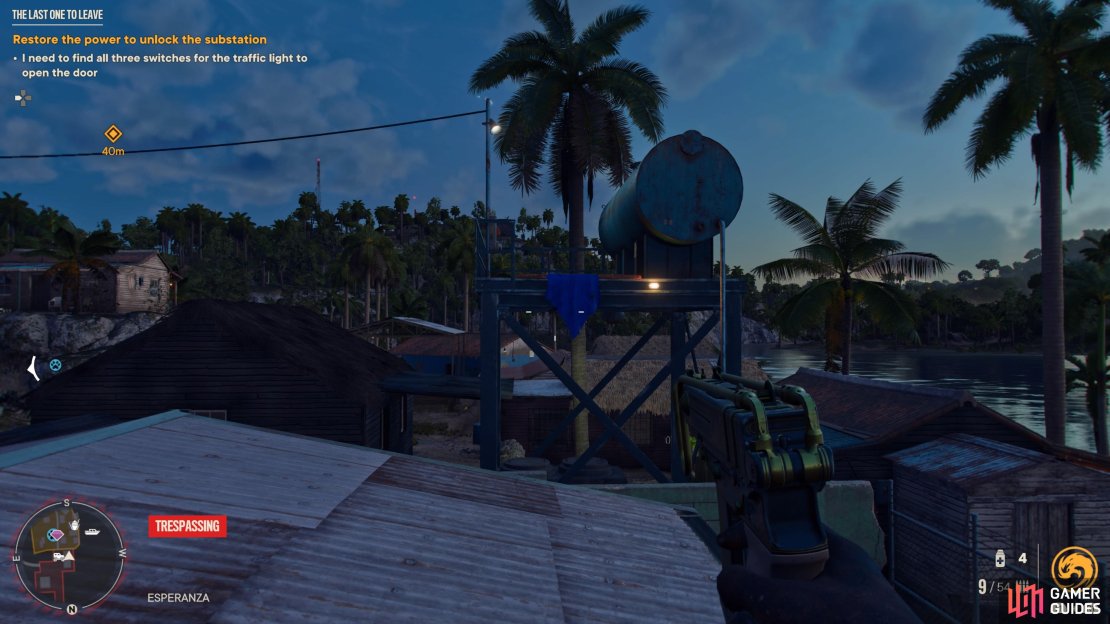 Get a run up and jump onto the water tower to find the third switch.