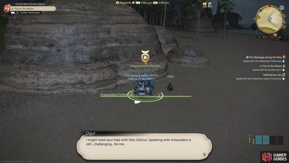 Speak with Arkasodara and Ogul at (X: 18.9, Y: 33.7 