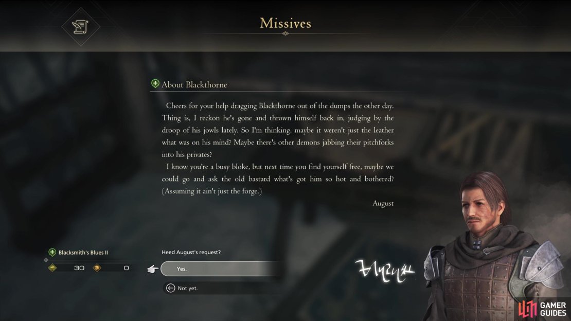 Read the letter in Clive&rsquo;s Quarters to accept the Blacksmith&rsquo;s Blues II Side Quest in FF16.