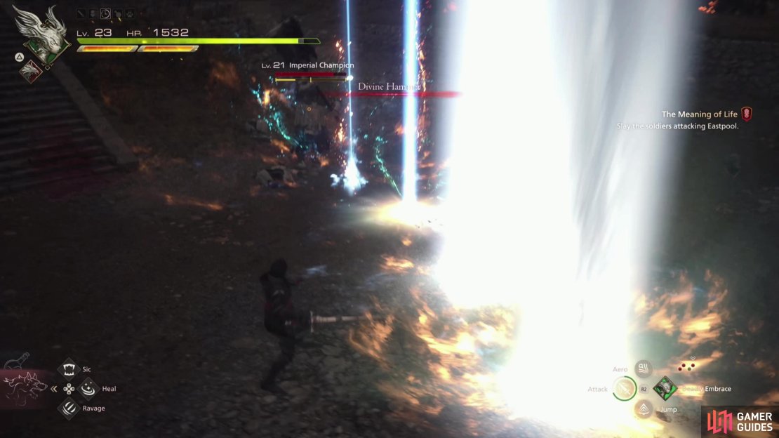 After you slog through hordes of imperials, you&rsquo;ll be challenged by an Imperial Champion, who can use a variety of attacks with his massive hammer, including Divine Hammer.