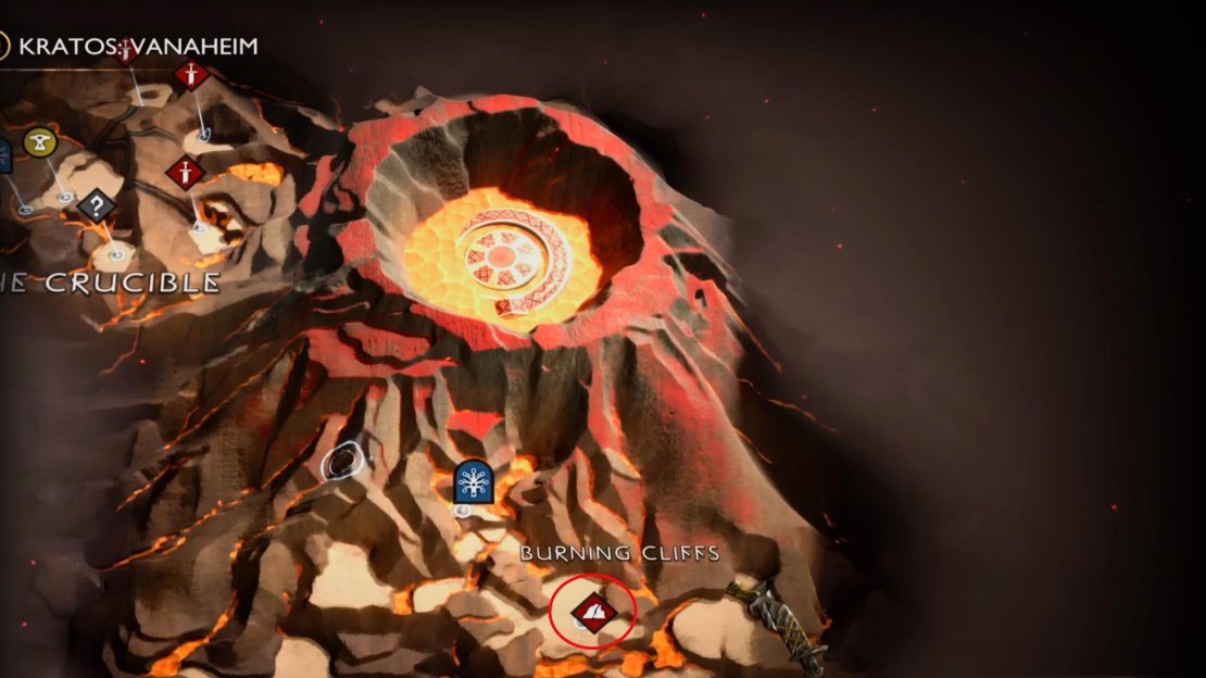 The Muspelheim camp can be found near Surtyr’s forge. Follow the linear path southeast until you reach it.