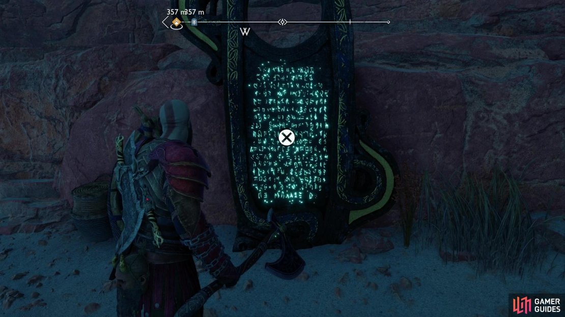 Search an elevated ledge on the southwestern corner of The Forbidden Sands to find the Lore Marker - Bjarg Stormr.