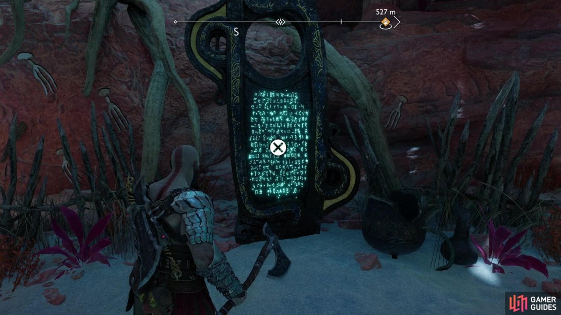 Find a massive skeleton along the eastern end of The Barrens. After you defeat some enemies to the southeast, search the chamber they occupied for the Lore Marker - The Desert of Our Ignorance.
