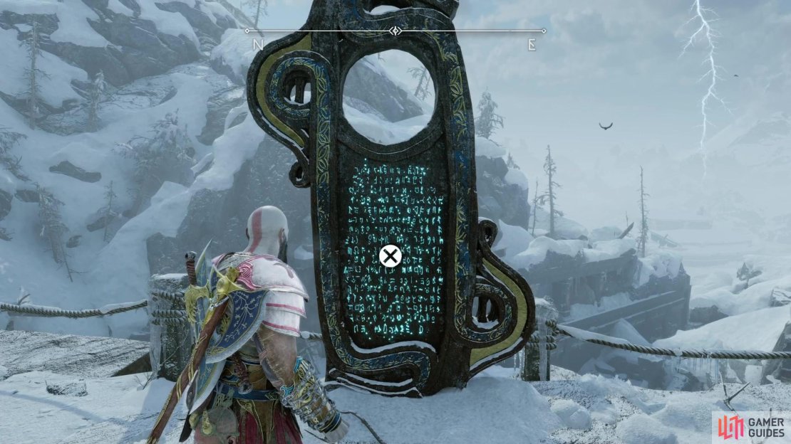 After the second chain-pulley puzzle, climb a ledge to find the Lore Marker - The Death of Helgi.