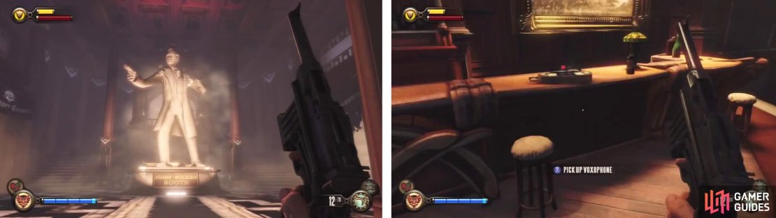 From the large statue, enter the left room to find a Voxophone on a bar (right).