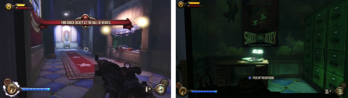 Enter the room in the left hand hallway (left) to find a Voxophone (right).