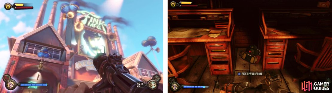 After arriving at the docks (right), keep an eye out for a door on the left. Inside you&rsquo;ll find a Voxophone (right).