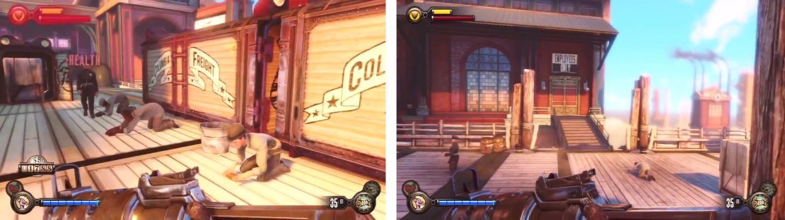 Work your way across the docks and enter the door marked &lsquo;Employees Only&rsquo; (right) to find a piece of Gear.
