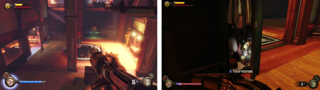 Clear out the room of the Patriot and guards (left) and then explore the side-area for a voxophone (right) in a locker.