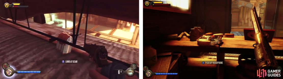 On the roof of the main building behind a sign is some Gear (left). Inside the main building, you&rsquo;ll find a Voxophone on a table (right).