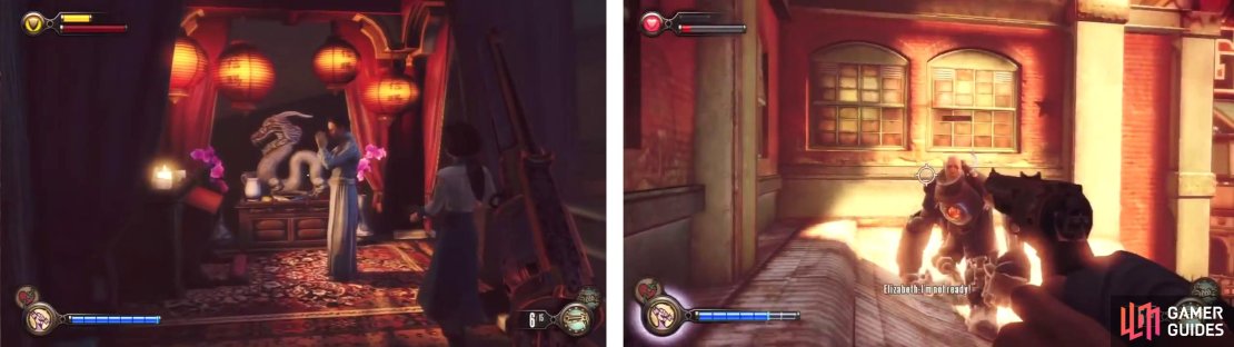 After speaking with the woman in the Gunsmith&rsquo;s Shop (left), exit to face the Handyman (right).