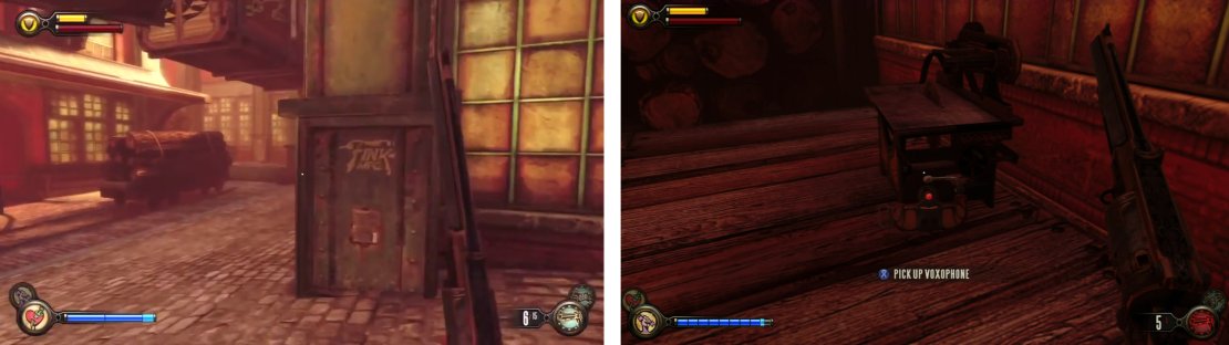 Before entering the Good Time Club, check the alley to the right (left). Here you&rsquo;ll find a Voxophone (right).