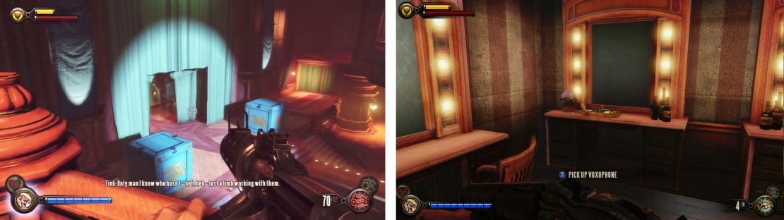 Enter the stage (left) to find a Voxophone (right) in the dressing room.