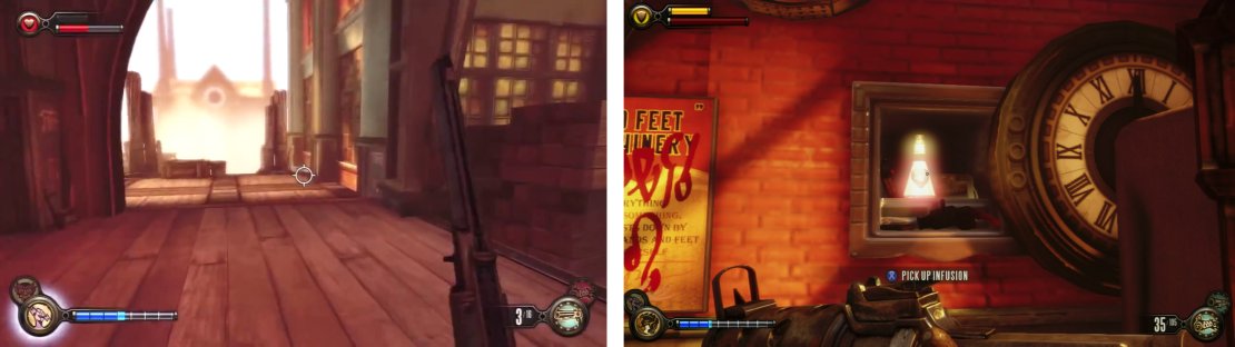 Head through the opening here (left). inside the locked door, use the cipher on the clock to find the Infusion Upgrade and Voxophone (right).