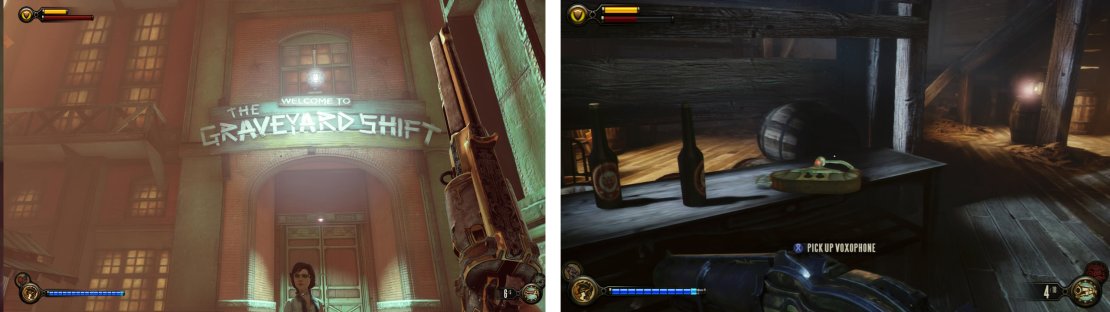 Enter the Graveyard Shift Bar (left). In the basement you&rsquo;ll find a set of Keys for an optional task and a Voxophone (right).