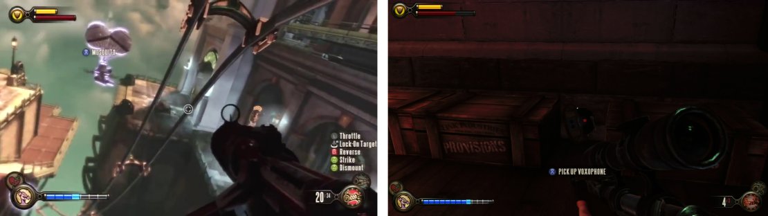 Once you have cleared the area, jump to the balcony from the sky-line (left). Behind a locked door here, you&rsquo;ll find a Voxophone (right).