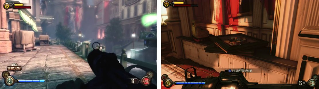 After clearing the upper street (left). Find and unlock the 3 pick door - inside you&rsquo;ll find a Voxophone (right) and a piece of Gear.