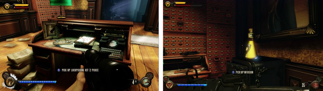 Find the Vox Code on the desk (left). Use the Codebook on it for an Infusion Upgrade and Voxophone (right).