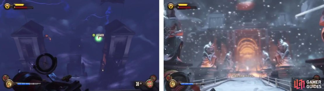 Use the hooks to descend from the tower (left) and follow the bridge to the far side (right).