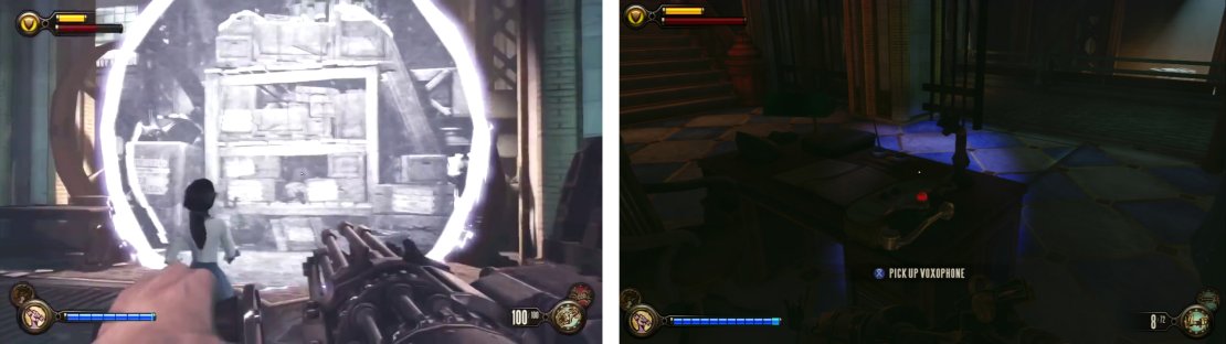 Have Elizabeth open the tear in the basement of the police impound (left). Grab the Voxophone (right) as you backtrack outside.