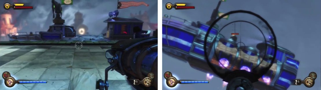Hop onto the dropship (left) and fend off the gunships that come to attack you (right) on the way to the Zeppelin.