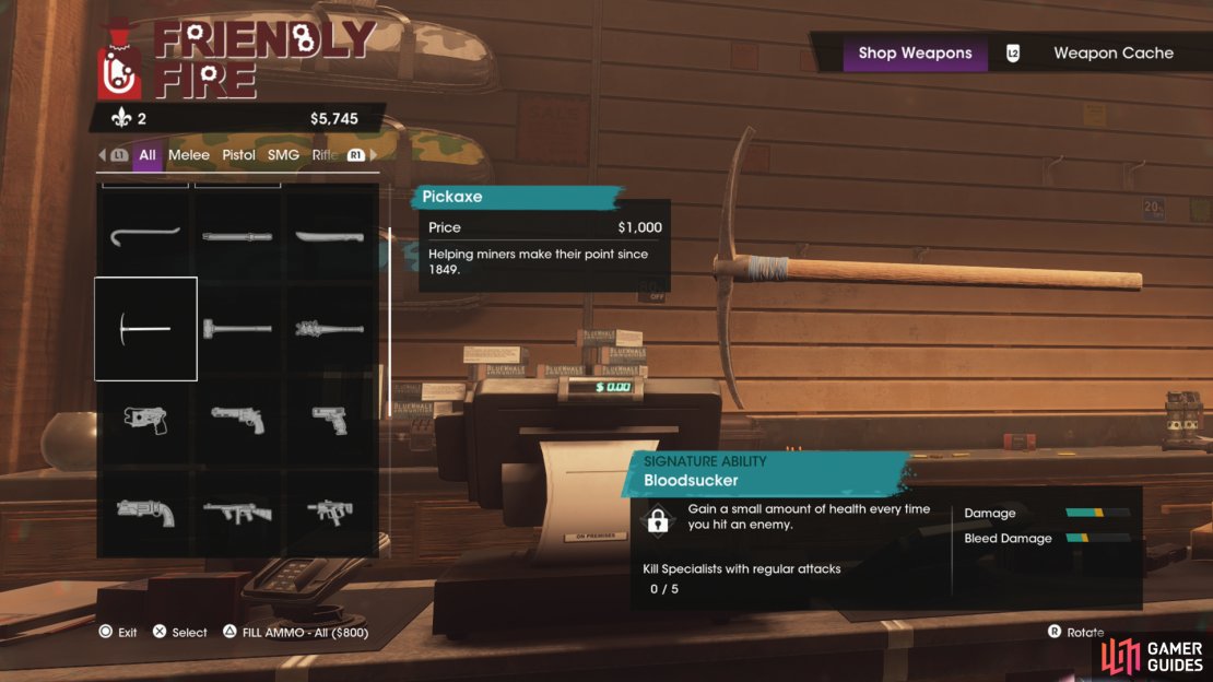 You can buy the Pickaxe from any Friendly Fire from the start of the game. It&rsquo;ll set you back $1,000.