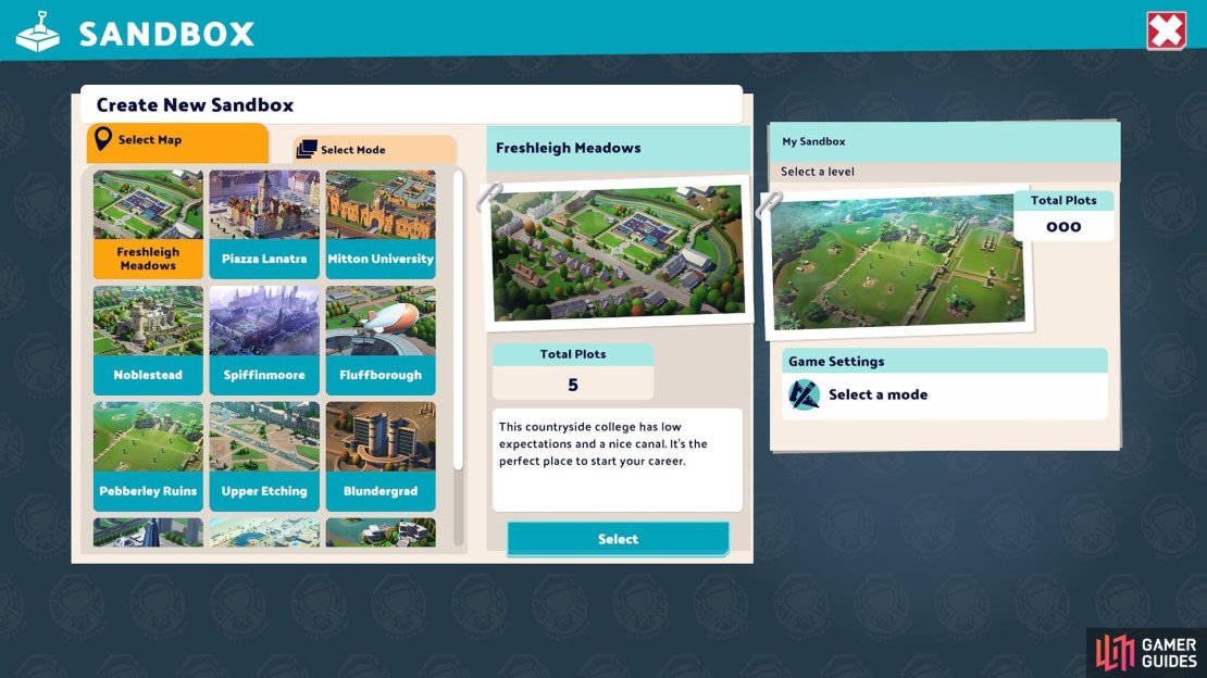 You can play on any of the game&rsquo;s Campuses in Sandbox mode, even if you have not unlocked them in the main game yet.