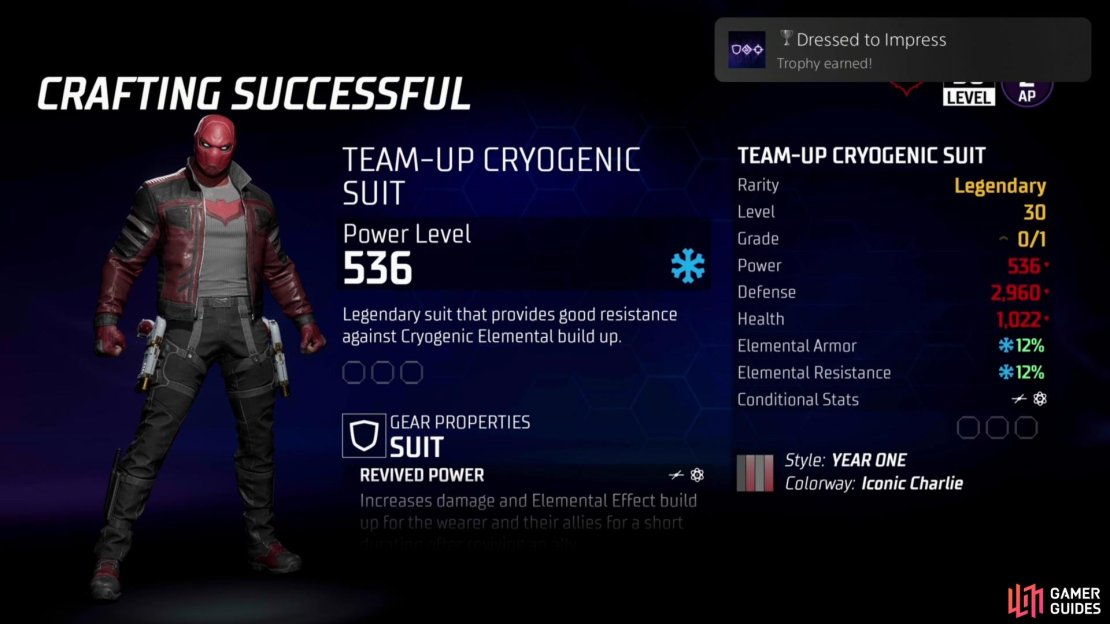 Crafted a legendary suit, melee weapon and ranged weapon to earn the &ldquo;Dressed to Impress&rdquo; achievement.