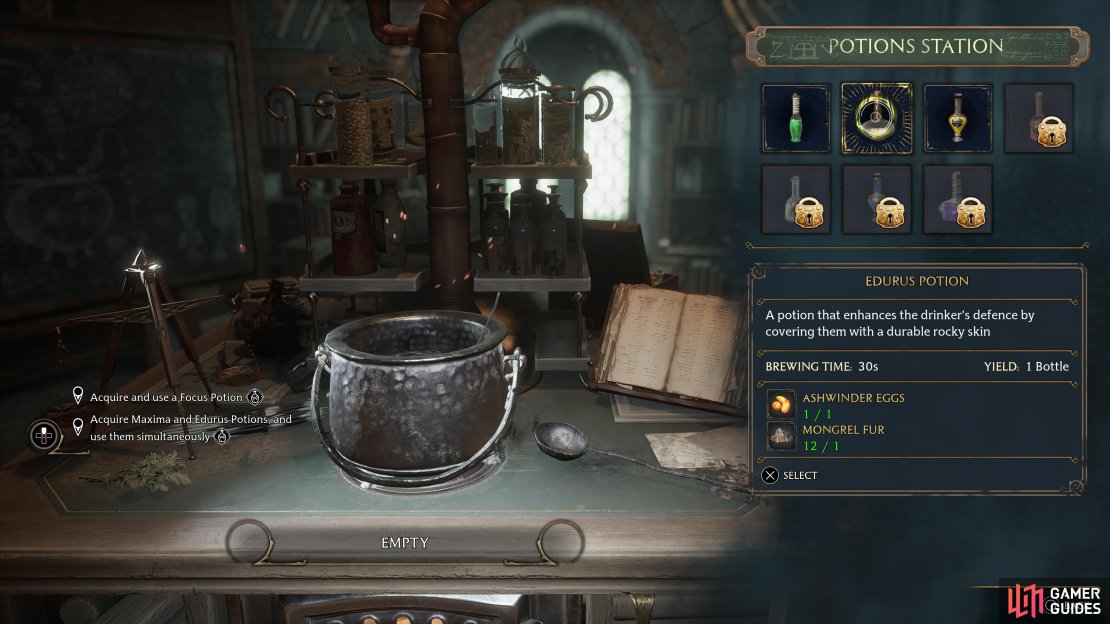 To craft an !Edurus Potion, you&rsquo;ll need !Ashwinder Eggs and !Mongrel Fur.
