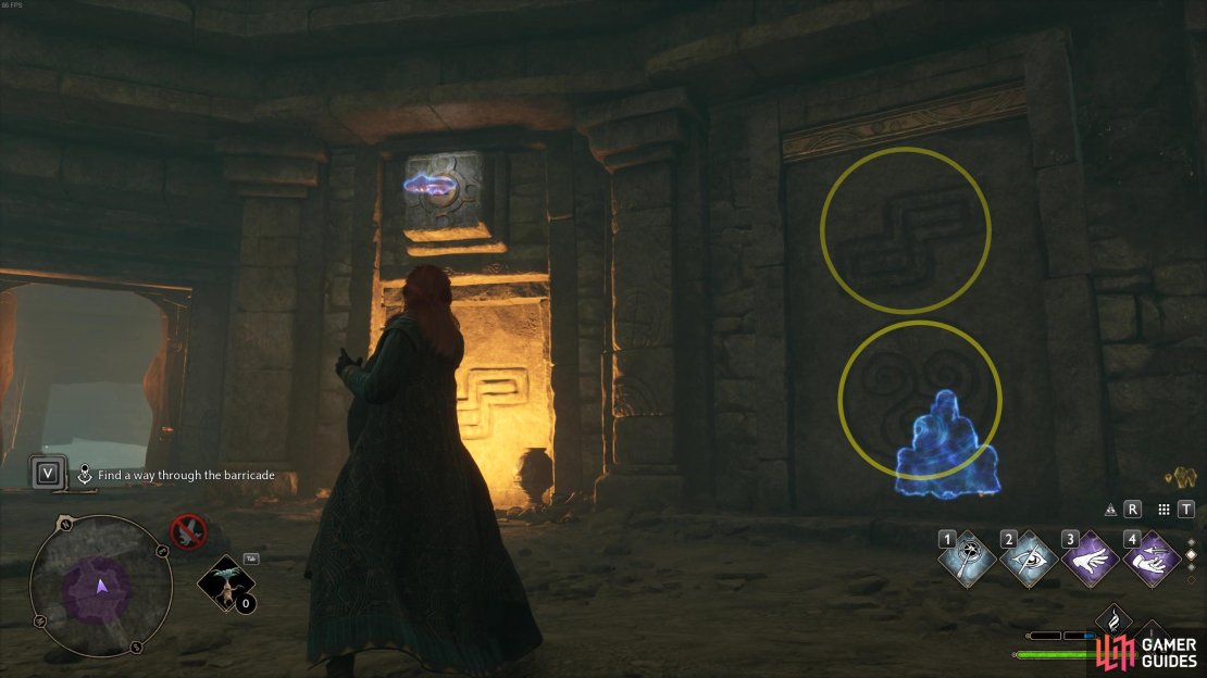 Pull on the blocks that match the symbols on the stone barricades.