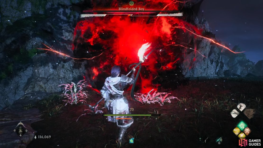 Blindfolded Boy will leap into the air and conjure a massive black and red orb before he throws it at you. Backup and deflect as it&rsquo;s about to hit you.