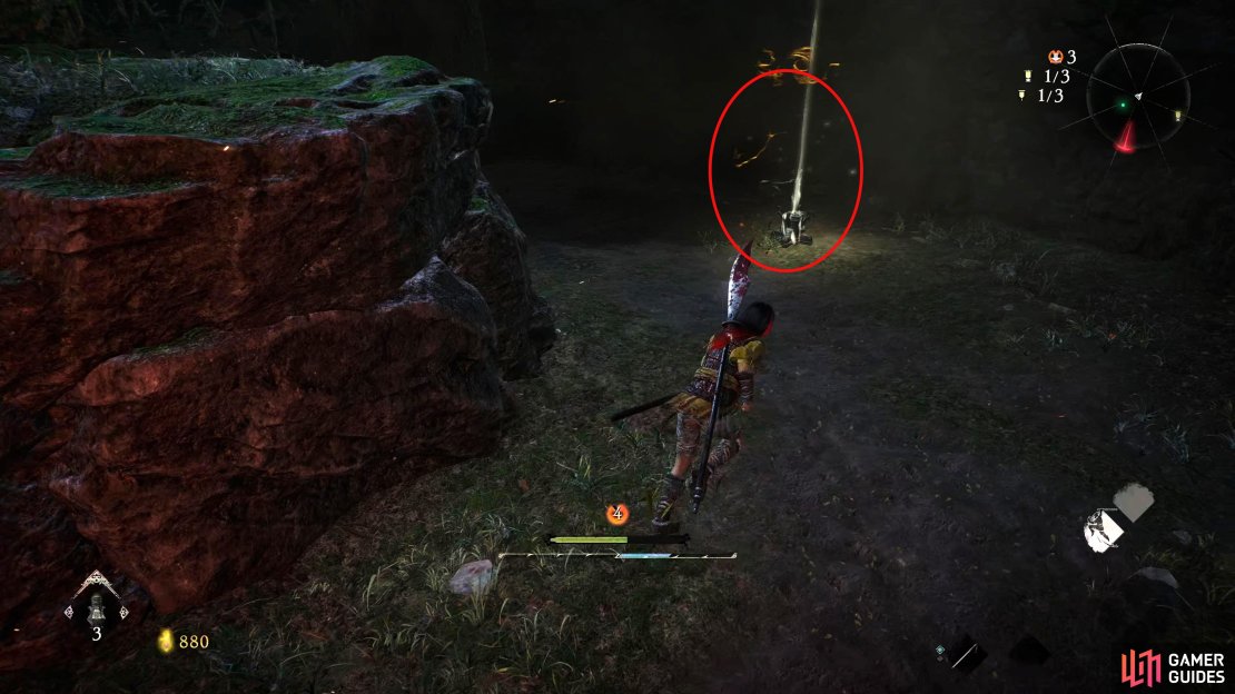 The second Marking Flag can also be found in the area surrounded by fire, but it&rsquo;s behind a rock at the back, near the stairs leading up.