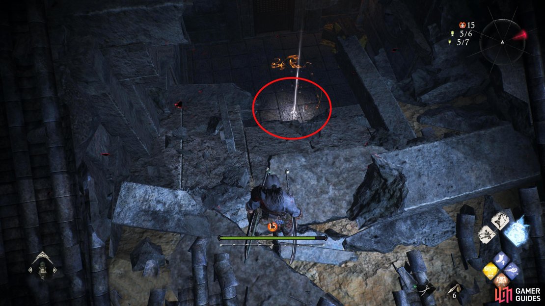 Follow the right side of the right building’s roof from the ramparts and drop through the hole in the roof.
