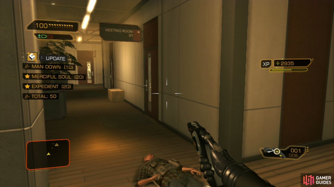 Alternatively, don&rsquo;t give these two a chance to finish their conversation. If you sneak forward parallel to them then you can stun one and instantly perform a takedown on the other withot raising the alarm. There is a vent in the room to the end of the left corridor that leads down as well. Just in case you want something more sneaky.