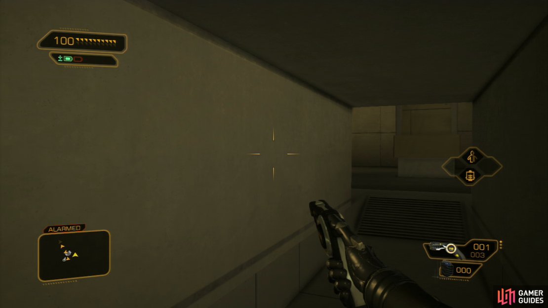 Hiding under the stairs on in the nearby vent are also great ideas, and mean you won&rsquo;t have to keep cloaking. Optionally, hack the PC before calling the funicular and tune the turret to target enemies. Job done.