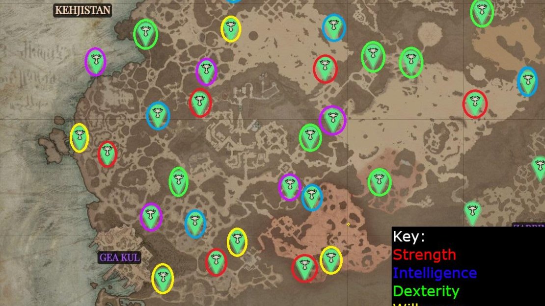 Here is a map of all the Kehjistan Altar of Lilith locations in Diablo 4, color-coordinated if you want to focus on specific ones.