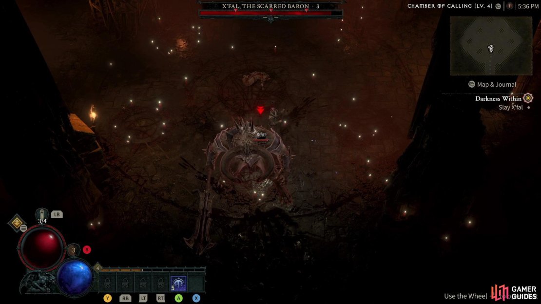 Dodging attacks and hitting X’Fal, The Scarred Baron is a solid strategy for the first Diablo IV Boss Fight.