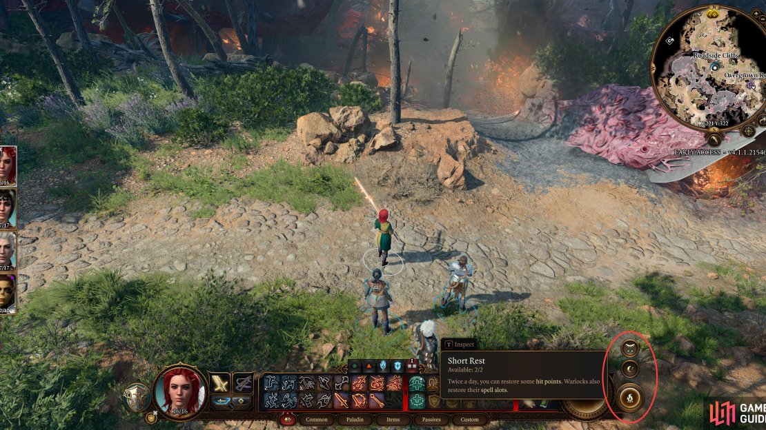Press the campfire icon to the right of the action bar to bring up icons for Short Rests and Long Rests.