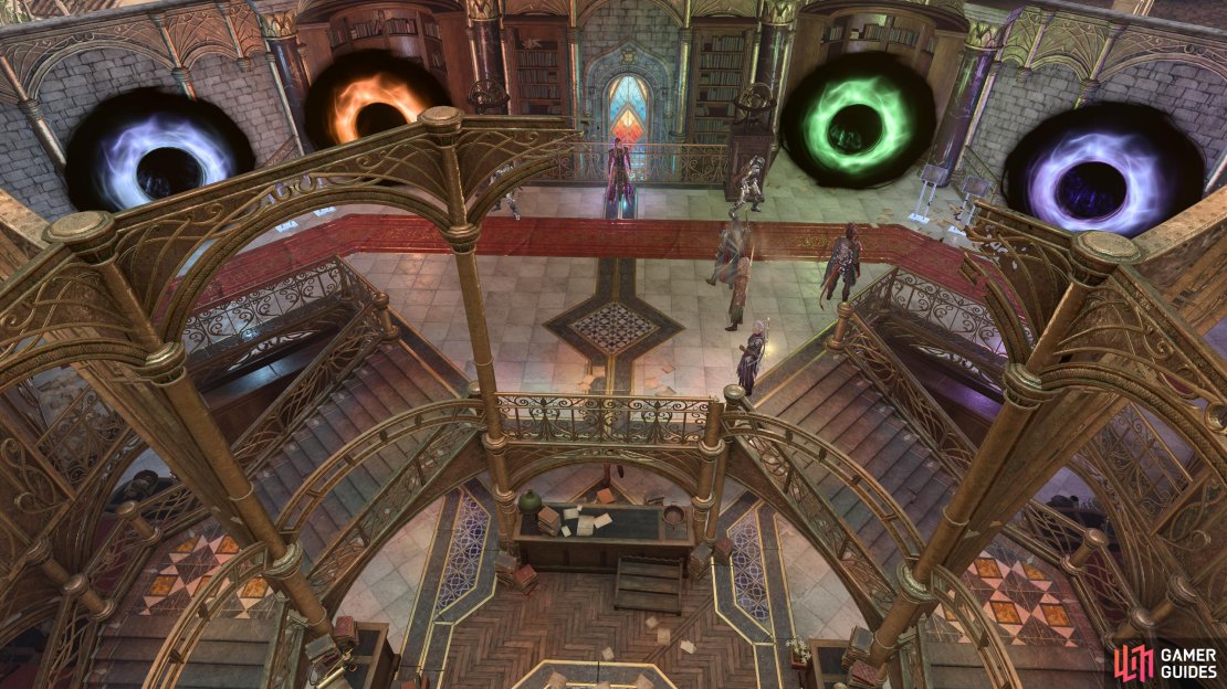On the second floor, you’ll need to choose the correct portal to go through. Select the first white one on the left to meet Lorroakan.