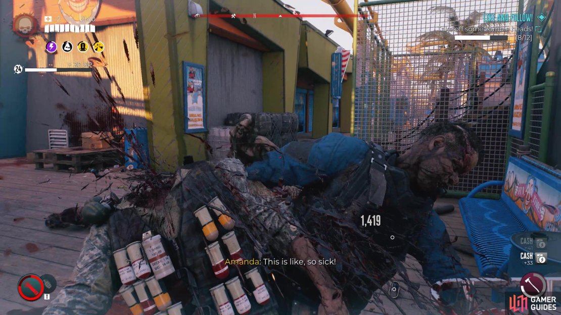 Behead zombies using a sharp maiming weapon.