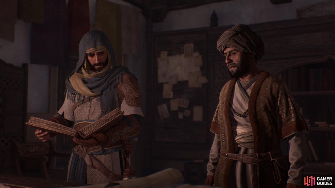 The Al-Zarik (Zahra) investigation in Assassin&rsquo;s Creed Mirage. Pictured: Basim and Hunayn, a notable scholar of the age.