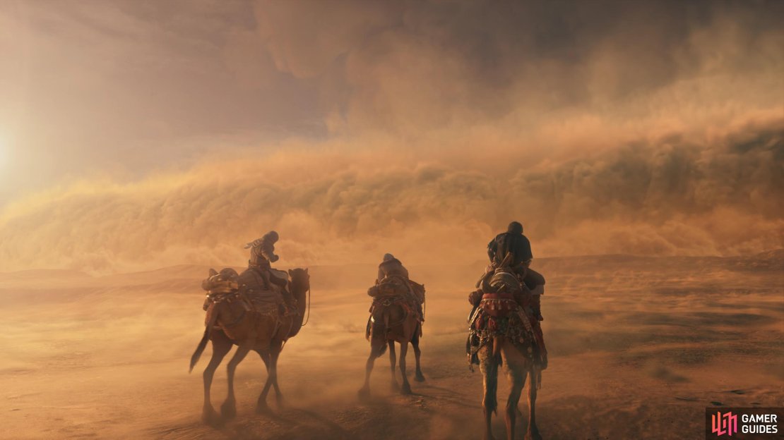 How to Stealth in Assassin&rsquo;s Creed Mirage. Pictured: Basim, Roshan, and Fuladh.