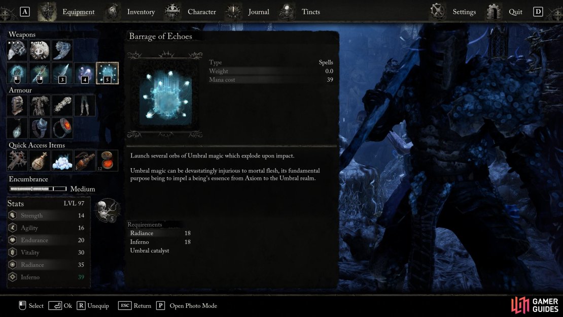 Here is the spell setup. From left to right: Umbral Weapon, Latimer’s Javelin, Umbral Orb, Putrefaction, and Barrage of Echoes.