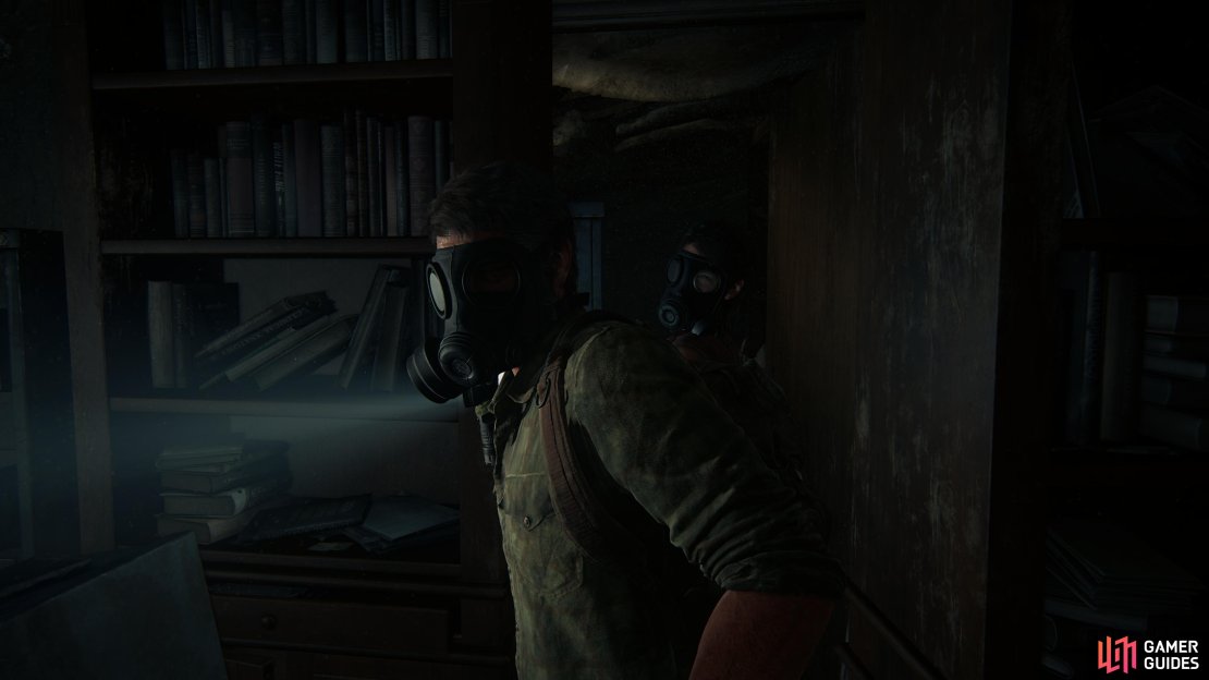 Tess and Joel use masks to avoid the spores.