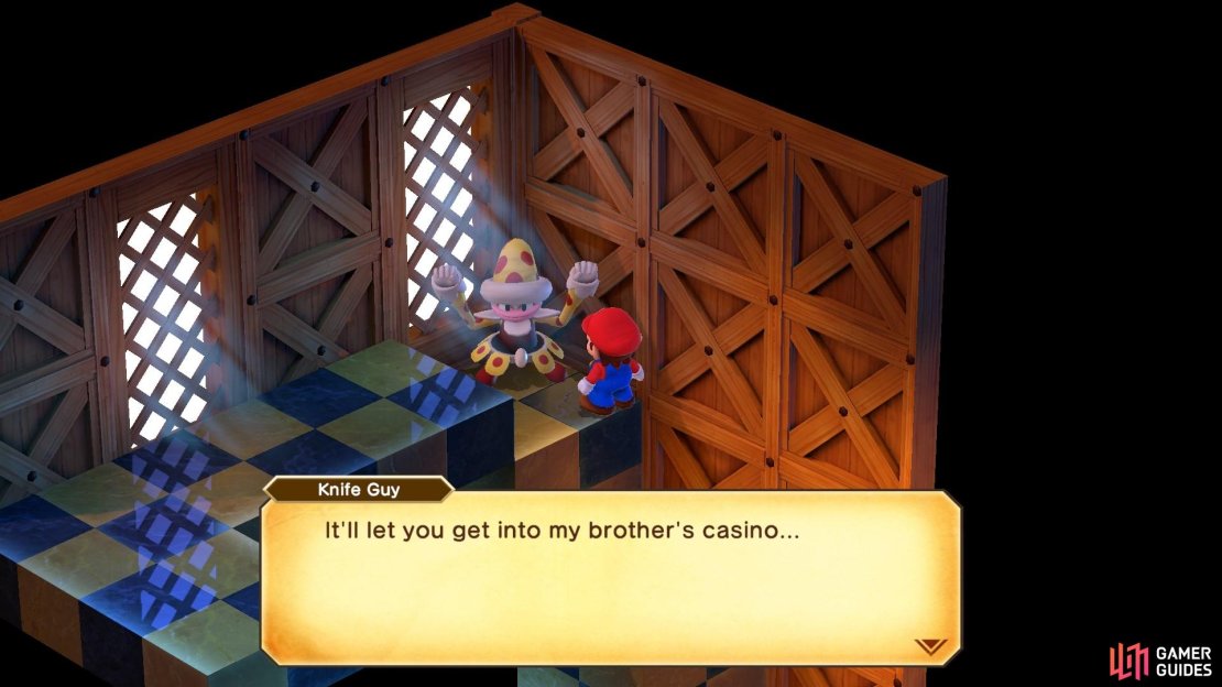 You will need to get the Bright Card from Knife Guy to get into Crate Guy&rsquo;s Casino.