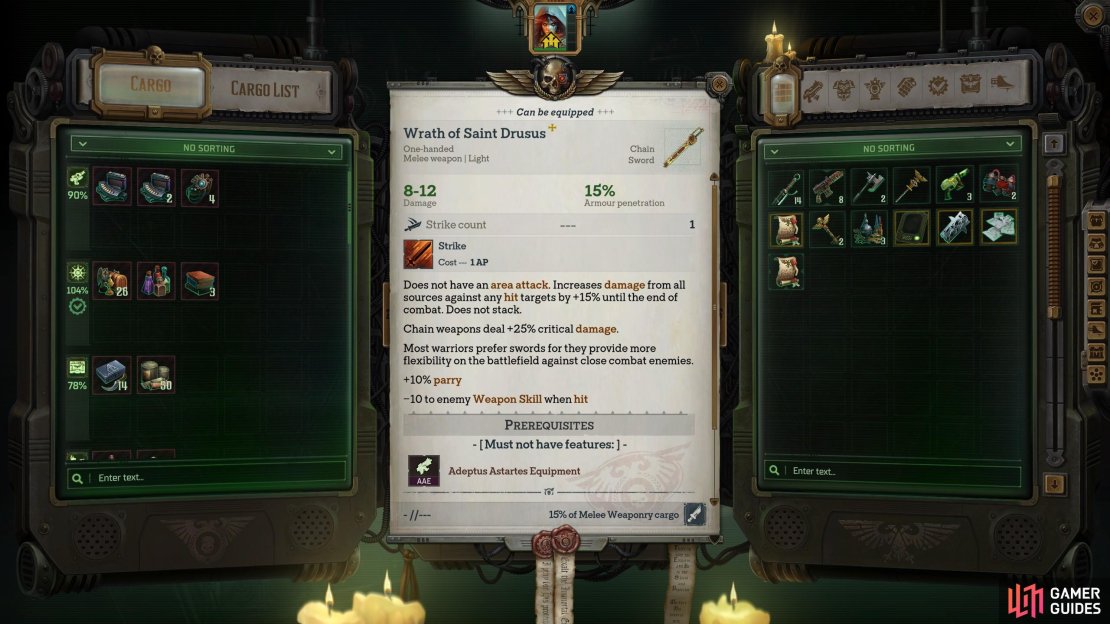 The Wrath of Saint Drusus deals more damage and armor penetration than standard Chainswords, but sacrifices an AoE &ldquo;Cleave&rdquo; attack for a linger debuff it afflicts.