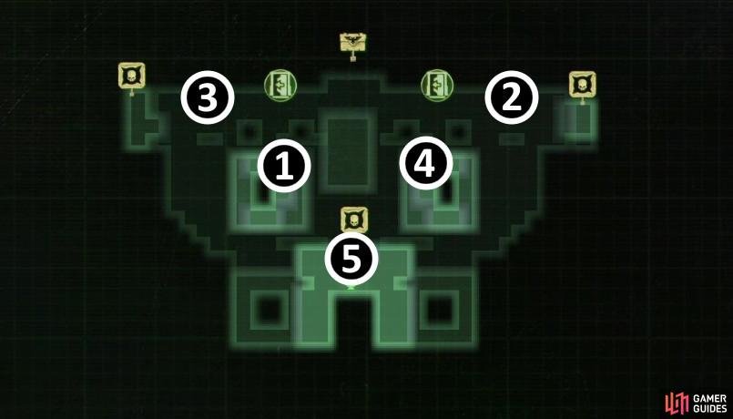 Place characters on pressure plates to spell out FURIA - this map shows the locations and order of these pressure plates.