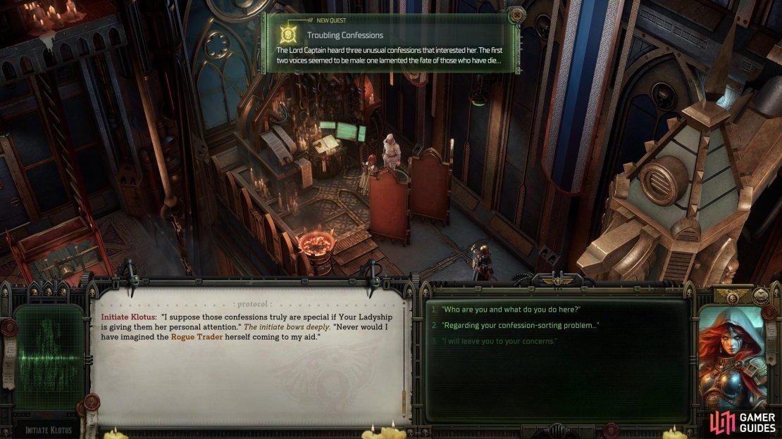 Talk to Initiate Klotus in the Voidship Shrine to start “Troubling Confessions”.