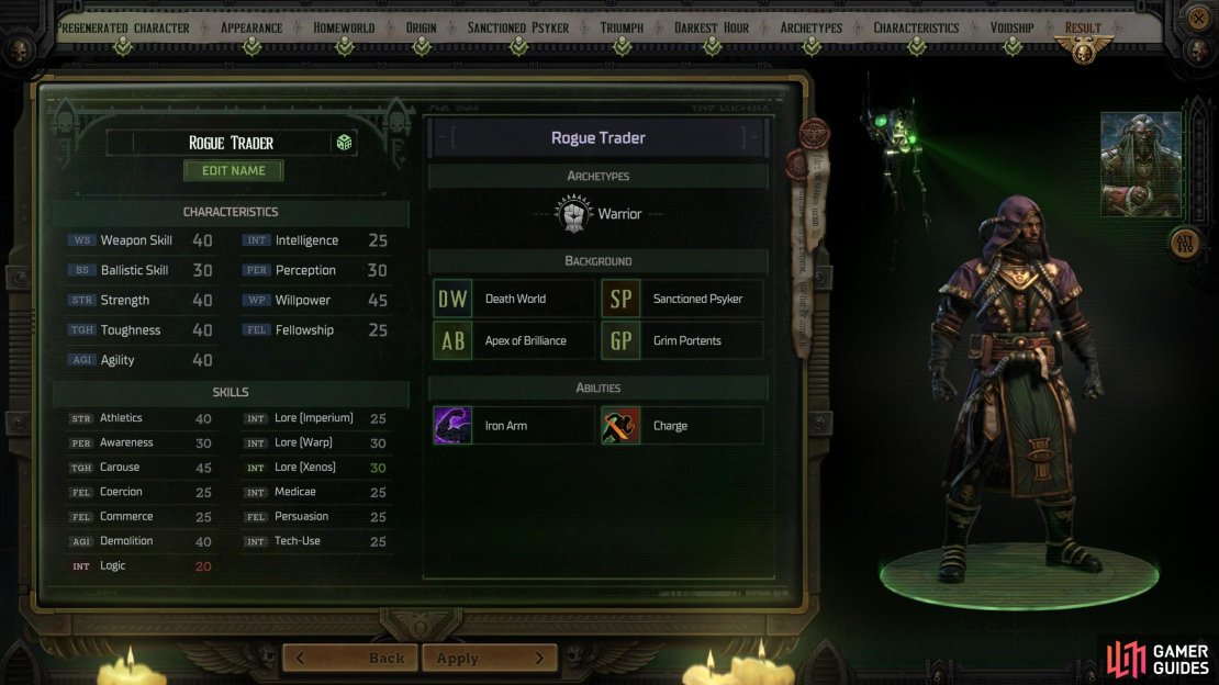 To begin building the Rogue Trader Warrior Psyker build, make sure to spec the character to look something like this.