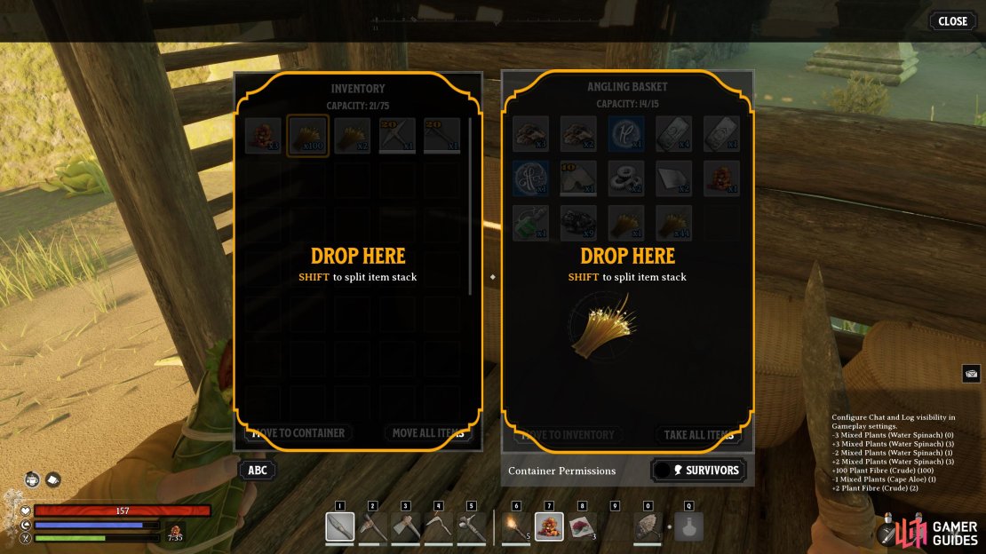 Hold Shift and drag the item into the storage or your companion&rsquo;s inventory. This cannot be done in the field.